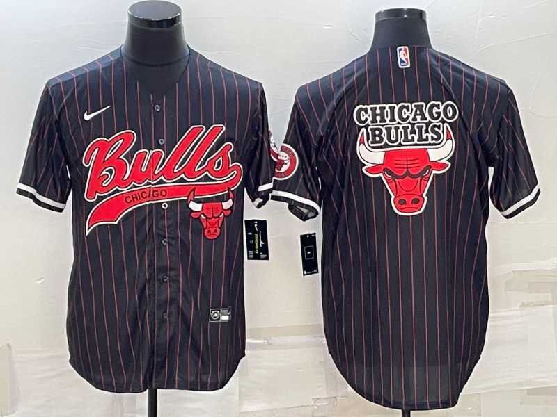 Mens Chicago Bulls Black Pinstripe Team Big Logo With Patch Cool Base Stitched Baseball Jersey